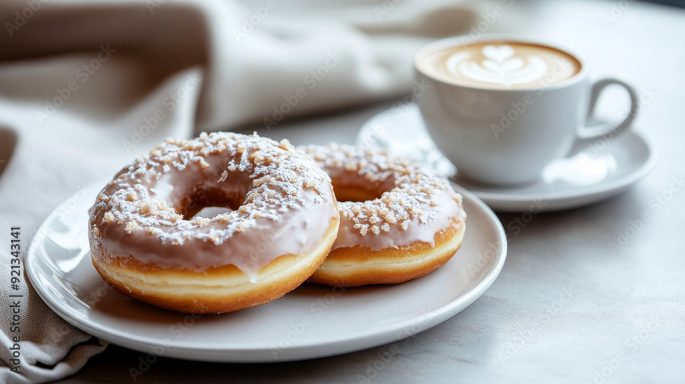 Glazed, decorated donuts arranged on plates beside a heat-resistant glass cup filled with coffee latte or cappuccino topped with milk foam. The scene is captured with selective focus, highlighting Glazed, decorated donuts arranged on plates beside a heat-resistant glass cup filled with coffee latte or cappuccino topped with milk foam. The scene is captured with selective focus, highlighting