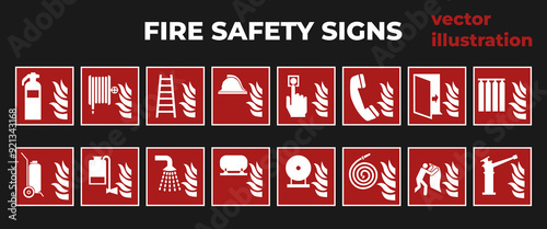Official ISO 7010 safety signs vector drawings.Red fire safety signs.