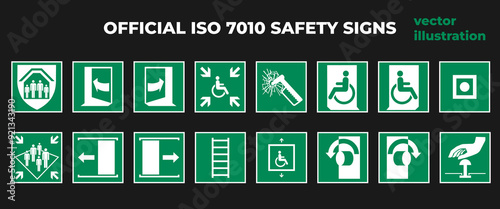 Official ISO 7010 safety signs vector drawings.Green emergency exit symbols.