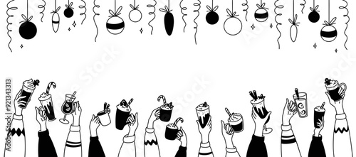 Merry Christmas and Happy New Year festive background. Fun crowd of people with hot drinks in the hands at the party celebration. Confetti and Christmas decorations