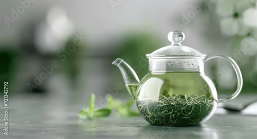 Clear Glass Teapot Brewing Green Tea With Fresh Leaves on Kitchen Counter