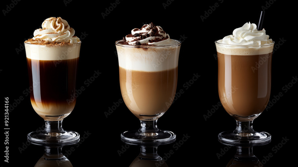 A set of glasses featuring different coffee beverages—coffee frappe, macchiato, Irish coffee, and mocha isolated on a black background. Each glass highlights the unique appearance and texture A set of glasses featuring different coffee beverages—coffee frappe, macchiato, Irish coffee, and mocha isolated on a black background. Each glass highlights the unique appearance and texture