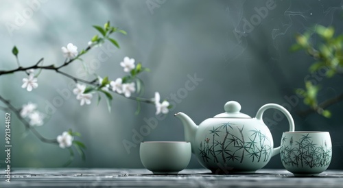 Traditional Tea Set With Bamboo Design on Wooden Table in Serene Outdoor Setting