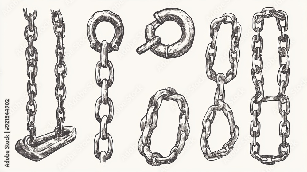 A hand-drawn vector sketch set of chains, including illustrations of broken chains A hand-drawn vector sketch set of chains, including illustrations of broken chains