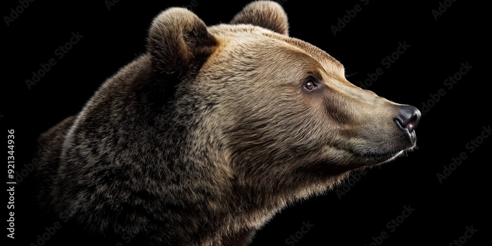 Obraz premium Photo of a bear isolated against a black background, emphasising the bear's majestic features. Wildlife and conservation concept, space for copy.