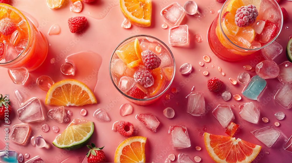 fruit drink with pieces of strawberry, orange and raspberry, served in a glass fruit drink with pieces of strawberry, orange and raspberry, served in a glass