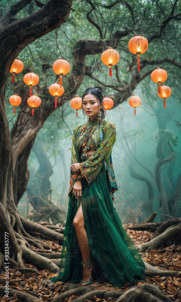 Woman in vibrant traditional clothing wanders through mystical forest, surrounded by swirling mist and illuminated by glowing red lanterns hanging in the trees. The atmosphere is enchanting and serene Woman in vibrant traditional clothing wanders through mystical forest, surrounded by swirling mist and illuminated by glowing red lanterns hanging in the trees. The atmosphere is enchanting and serene
