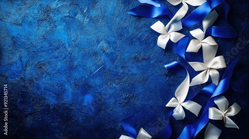 Independence day of Finland celebration. Abstract background in colors of flag of Finland. Horizontal banner. Copy space. Holiday poster, card. Blue and white flowers on a blue background photo