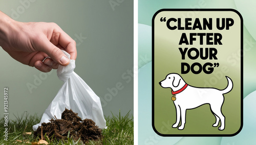 Image of a human hand collecting animal excrement into a white bag. On the right side of the image is a “Clean up after your dog” sign.