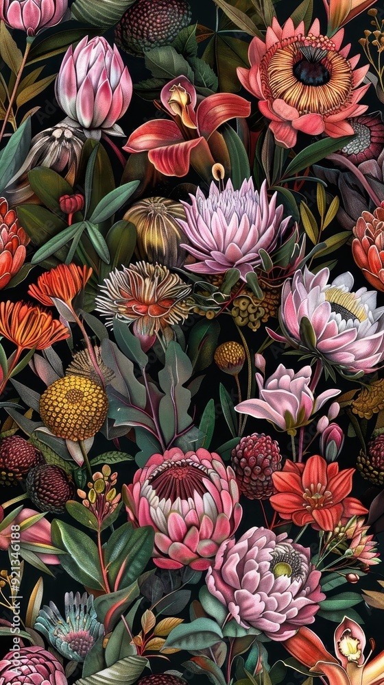 A stunning collection of colorful flowers and foliage intricately arranged against a contrasting background A stunning collection of colorful flowers and foliage intricately arranged against a contrasting background