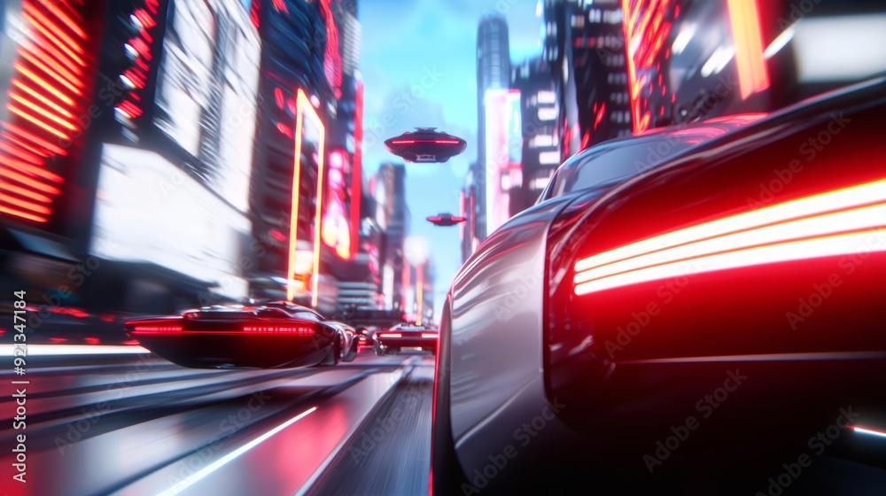 A futuristic city with flying cars and towering skyscrapers, bathed in neon light A futuristic city with flying cars and towering skyscrapers, bathed in neon light