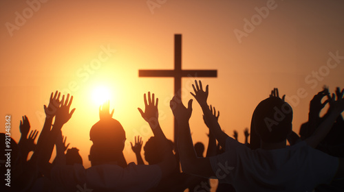 the silhouette of a Christian cross with the image of a worship praying people hands render 3d 