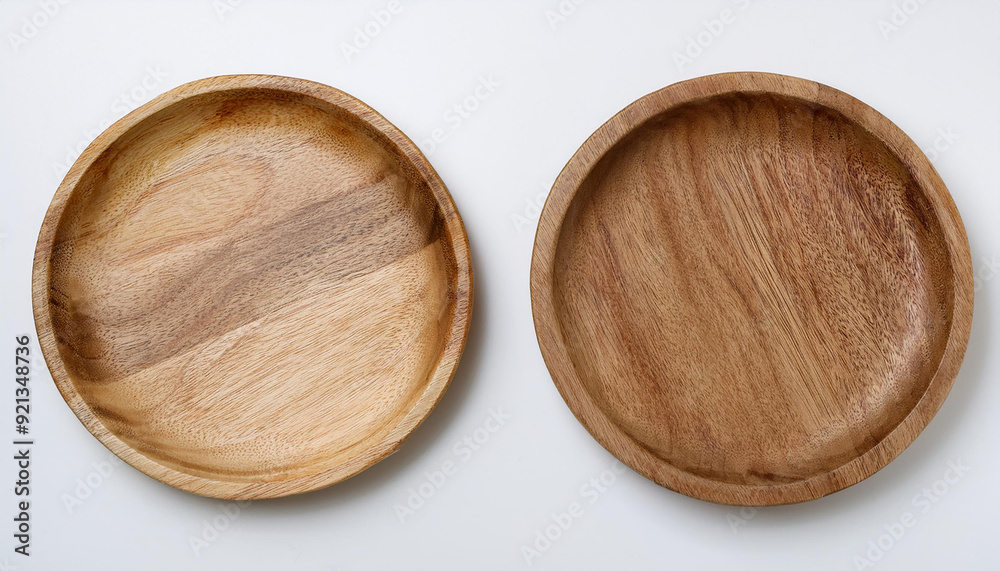 Handcrafted round wooden plate. Empty plate for food. Mock-up. Close-up. Top view Handcrafted round wooden plate. Empty plate for food. Mock-up. Close-up. Top view