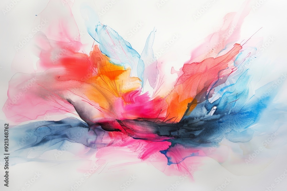 Obraz premium Vibrant painting of a flower with multiple colors on a clean white canvas, Loose brushstrokes capturing the fluidity of watercolor pigments