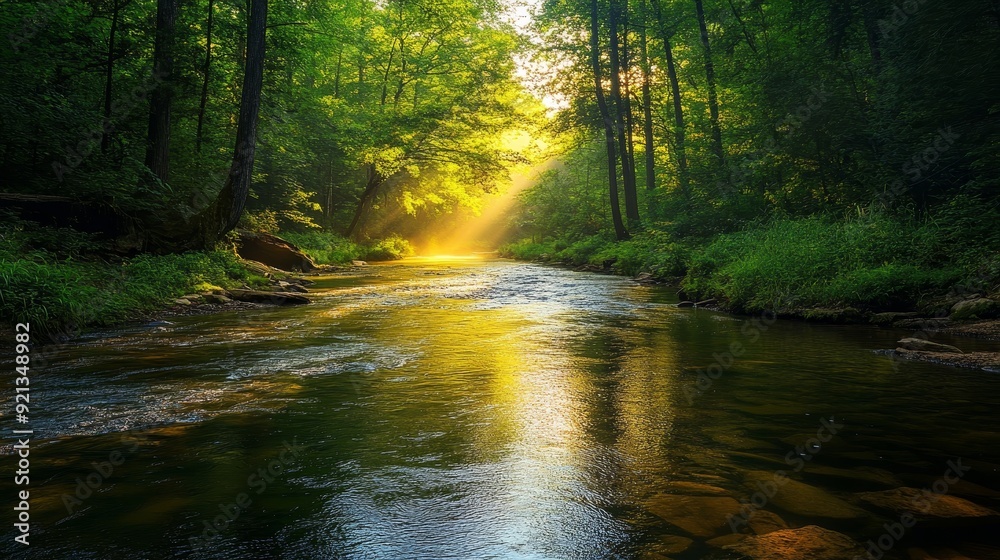 Obraz premium A serene forest scene with a gentle stream flowing through the trees, illuminated by a radiant beam of sunlight filtering through the canopy. The image evokes a sense of peace, tranquility