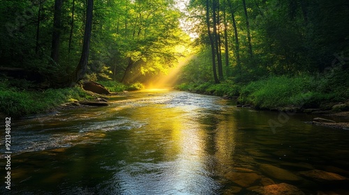 A serene forest scene with a gentle stream flowing through the trees, illuminated by a radiant beam of sunlight filtering through the canopy. The image evokes a sense of peace, tranquility