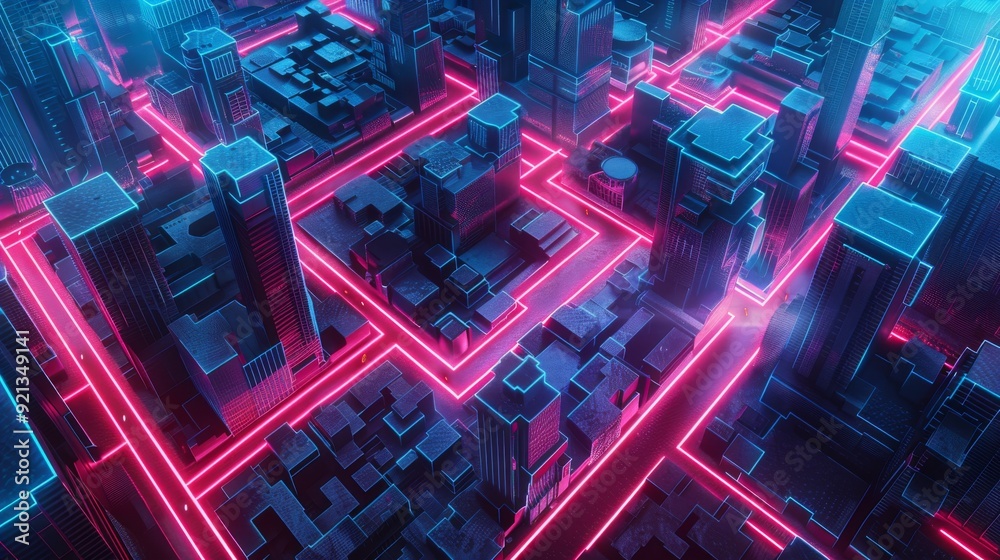 Neon City Maze: An abstract representation of a city maze with neon outlines in pink and blue, showcasing interconnected pathways and architectural forms. Neon City Maze: An abstract representation of a city maze with neon outlines in pink and blue, showcasing interconnected pathways and architectural forms.