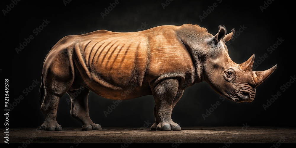 Obraz premium Photo of a rhino isolated against a black background, emphasising the rhino's majestic features. Wildlife and conservation concept, space for copy.