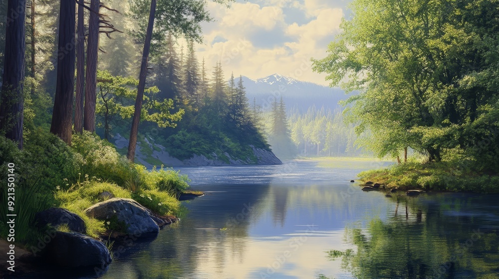 A tranquil river meanders through a lush forest, with vibrant greenery, towering trees, and a backdrop of majestic mountains. It evokes a sense of peace, tranquility, and the beauty of nature.
