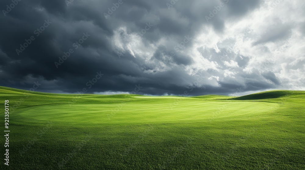 Fototapeta premium A vast, green field stretches out under a dramatic sky, where dark storm clouds gather, creating a sense of impending change, hope, and resilience. The sun peeks through the clouds