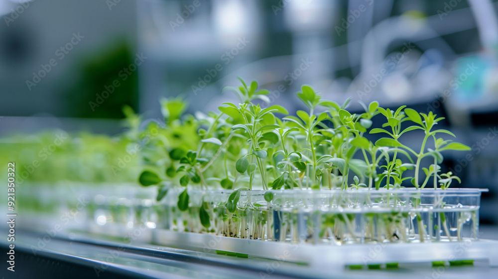 Laboratory setting with hydroponic seedlings, demonstrating advanced and sustainable farming technologies Laboratory setting with hydroponic seedlings, demonstrating advanced and sustainable farming technologies