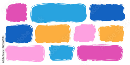Blank colorful rectangle square textbox set. Doodle brush paint quote poster frame. Speech bubble element. Funny template text box for kids kindergarten school design. Vector illustration