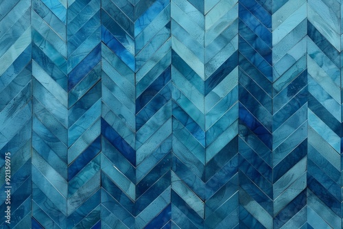 Blue chevron pattern wall background, textured surface with overlapping blue tiles photo