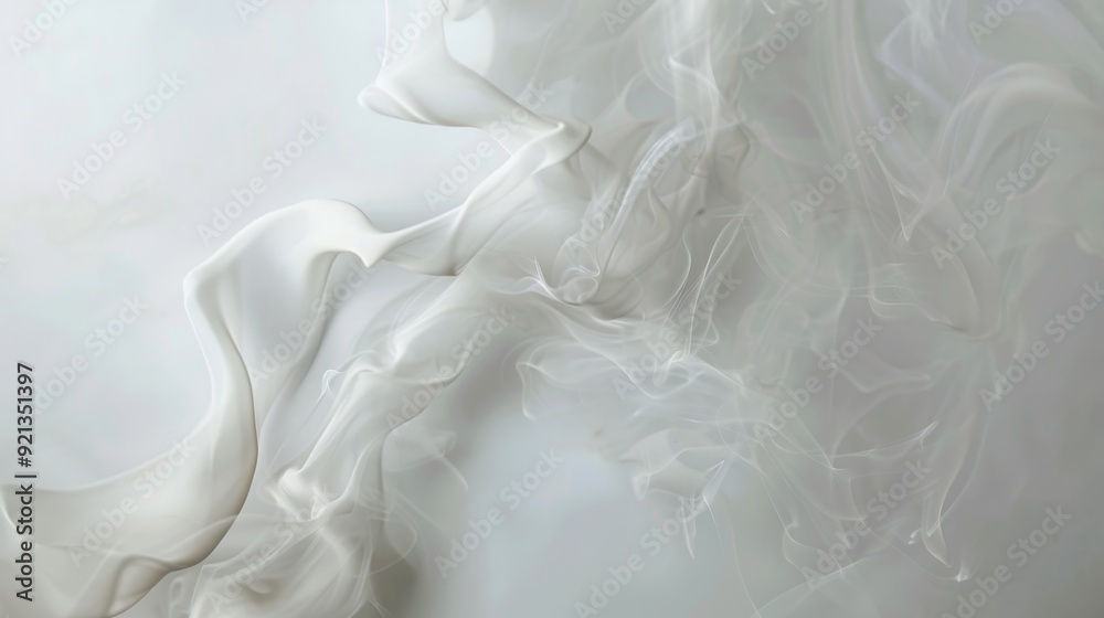 Fototapeta premium Abstract white smoke swirling on a white background. The smoke creates an elegant and ethereal effect, symbolizing freedom, movement, transformation, dreams, and purity.