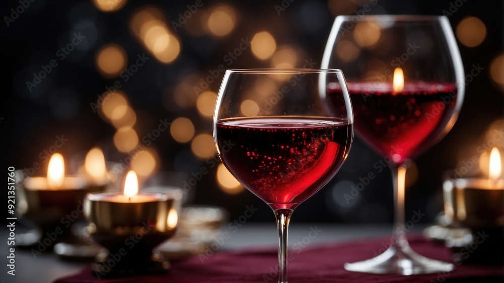 Elegant wine glasses filled with red wine are illuminated by the soft glow of candle lights, creating a romantic mood. Elegant wine glasses filled with red wine are illuminated by the soft glow of candle lights, creating a romantic mood.