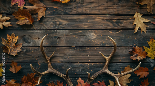 Deer antlers with leaves on a wooden board.