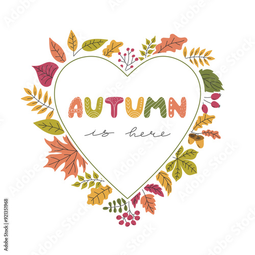 Autumn leaves Heart shape border Frame. Falling Leaf modern Doodle background. Abstract fall illustration. Template for social media, sale, poster, invitation, card, flyer, cover, banner design 