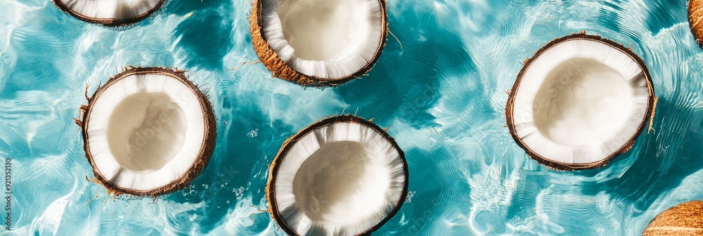 Four halved coconuts float on a refreshing blue water surface. The coconuts symbolize summer, vacation, relaxation, tropical paradise, and natural beauty. Four halved coconuts float on a refreshing blue water surface. The coconuts symbolize summer, vacation, relaxation, tropical paradise, and natural beauty.