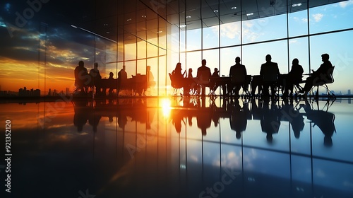 office workers in a conference room having a meeting beautiful light, detailed, business stock photography photo from side, wide angle