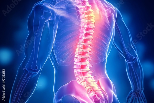 Illustration depicting the human spine, with a focus on the lower back area, highlighting pain and inflammation.