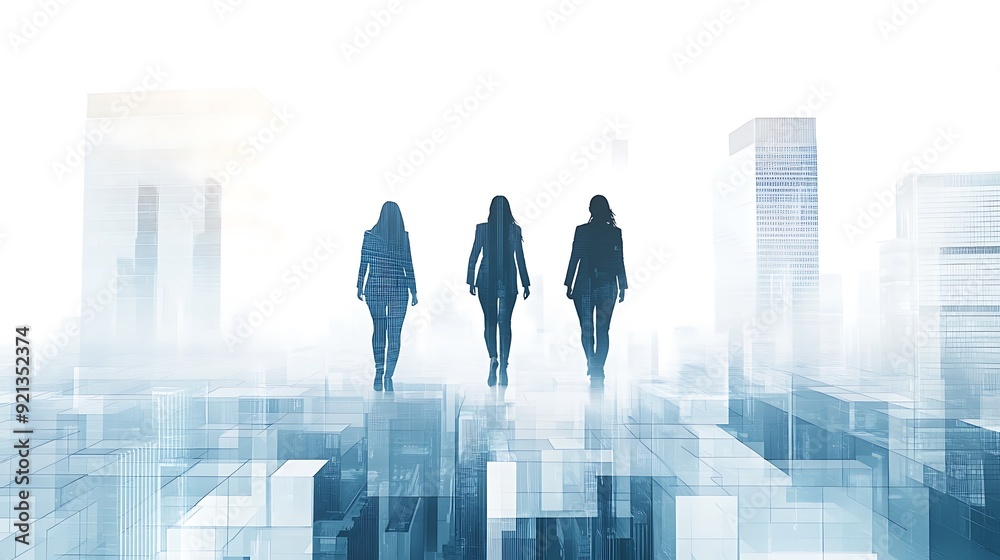 business and strategy. above the skyline of the city. horizon of opportunities. Winning Business strategies. rear back view of three successful business people (2 woman and one man) walking above business and strategy. above the skyline of the city. horizon of opportunities. Winning Business strategies. rear back view of three successful business people (2 woman and one man) walking above
