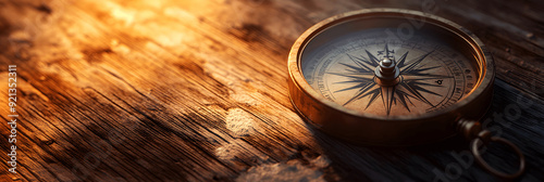 Miscellaneous banner with compass close-up on wooden surface, soft lighting, space for text