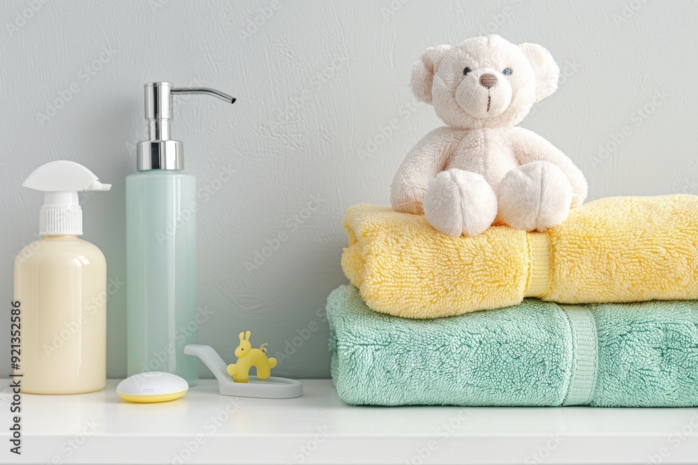 Bright and Cheerful Bathroom Decor Featuring an Adorable Plush Bear Alongside Soft, Cozy, and Plush Towels for Comfort Bright and Cheerful Bathroom Decor Featuring an Adorable Plush Bear Alongside Soft, Cozy, and Plush Towels for Comfort