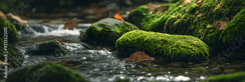 Nature banner with moss-covered rocks in forest stream, soft background, space for text