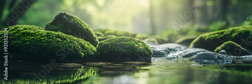 Nature banner with moss-covered rocks in forest stream, soft background, space for text