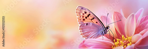 Nature banner with butterfly on vibrant flower, gradient background, space for text