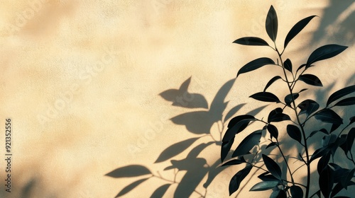 Wallpaper Mural The silhouette of leaves cast a dramatic shadow against a warm beige wall, symbolizing nature, light, contrast, texture, and serenity. Torontodigital.ca