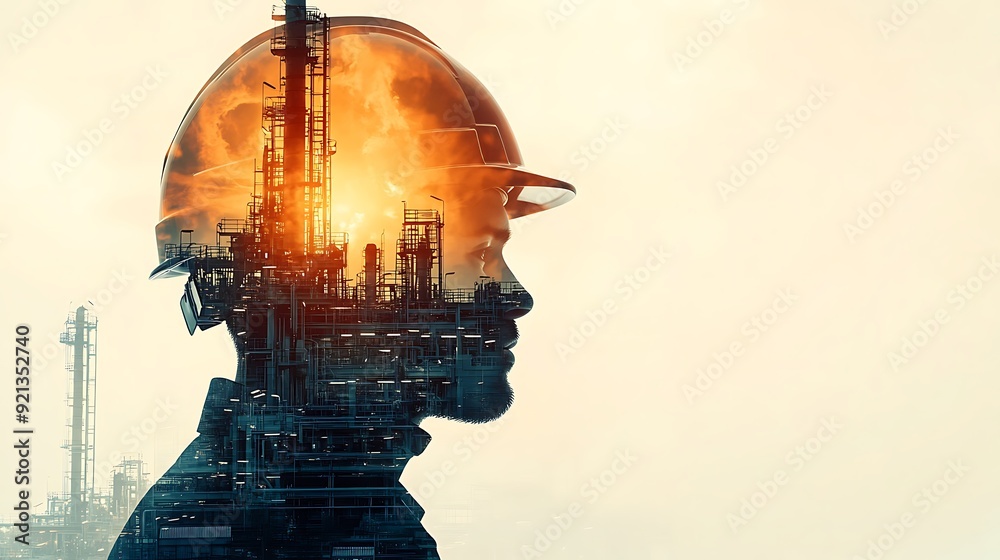 Double exposure of engineer in safety helmet with oil plant, close up helmet back view with oil plant background Double exposure of engineer in safety helmet with oil plant, close up helmet back view with oil plant background