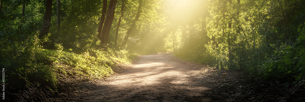 Obraz premium Nature-themed banner with serene forest trail, sunlight filtering through trees, space for text