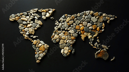 World Map Made of Pebbles on a Black Background - Natural Art