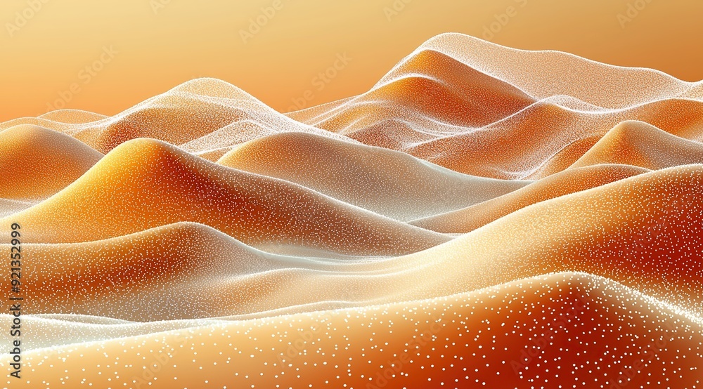 Fototapeta premium Light gold background, desert waves, sand dunes in the distance with digital particle effects on top of it
