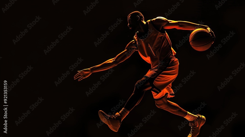 Abstract silhouette of a basketball player man in action isolated black background.