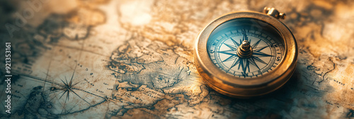 Objects banner with vintage compass on old map, soft background, space for text