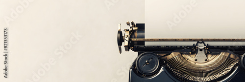 Objects banner with vintage typewriter and blank paper, soft background, space for text
