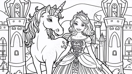 Coloring page, a unicorn and a princess on the background of a castle. simple black lines on a black and white background.