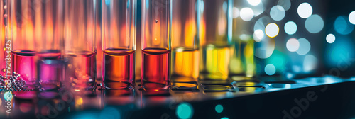 Science banner with close-up of test tube rack with colorful liquids, soft lighting, space for text on the right